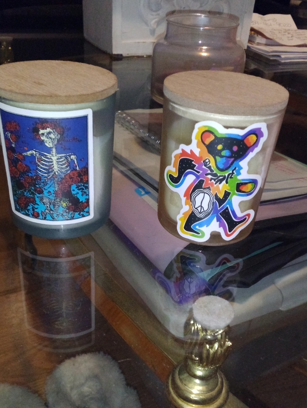Grateful Dead Cream Candle with Rainbow Dancing Bear Sticker